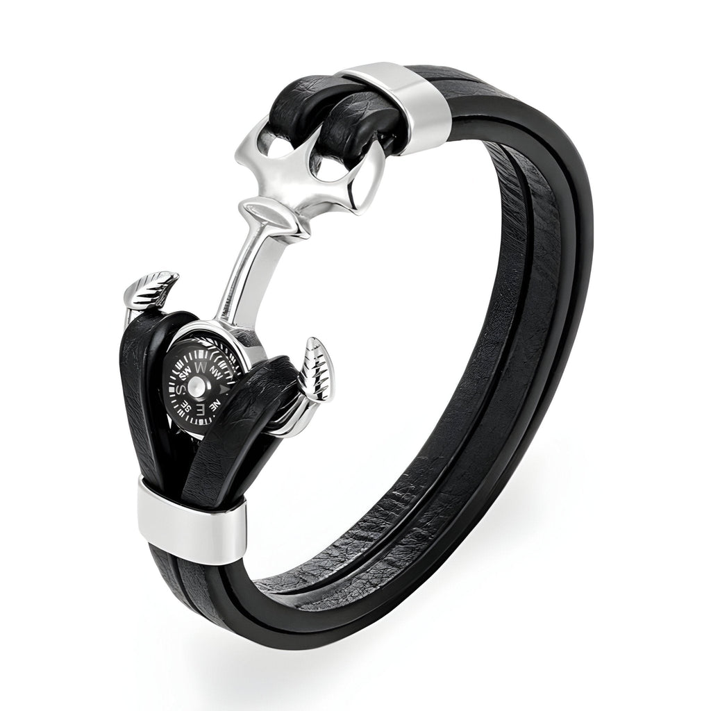 Bracelet homme double cordon cuir noir ancre marine argentée boussole intégrée.