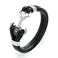 Bracelet homme double cordon cuir noir ancre marine argentée boussole intégrée.