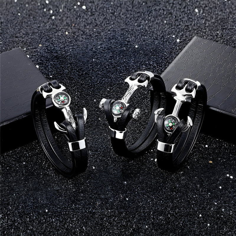 Bracelet homme cuir noir double cordon avec ancre marine et boussole argentée style marin.