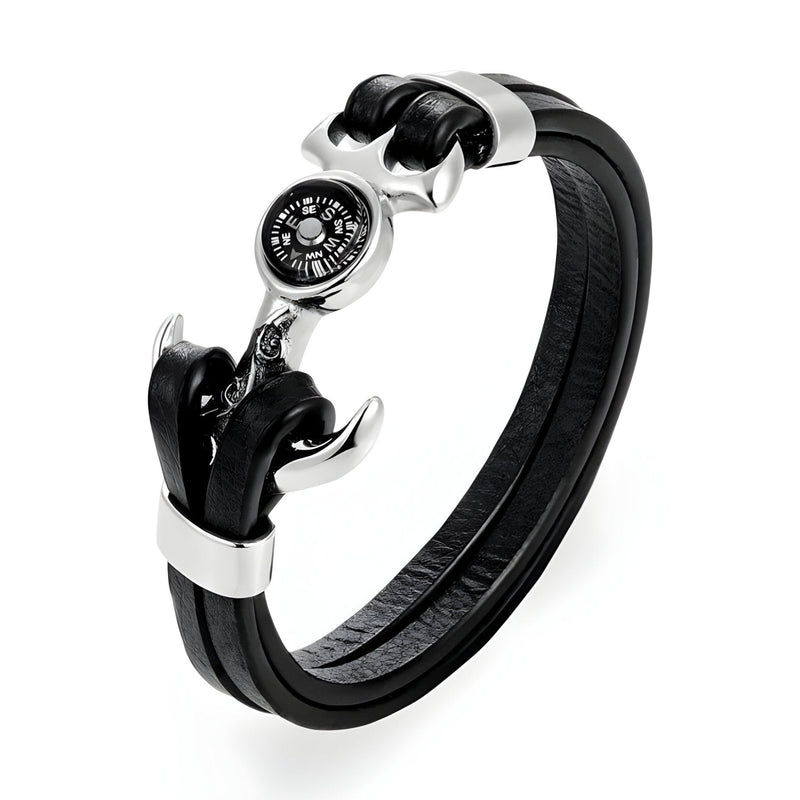 Bracelet homme double cordons noirs en cuir avec ancre marine argentée et boussole centrale.