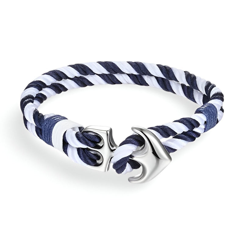 Bracelet double cordons bleu et blanc tressés avec fermoir ancre marine argenté pour homme.