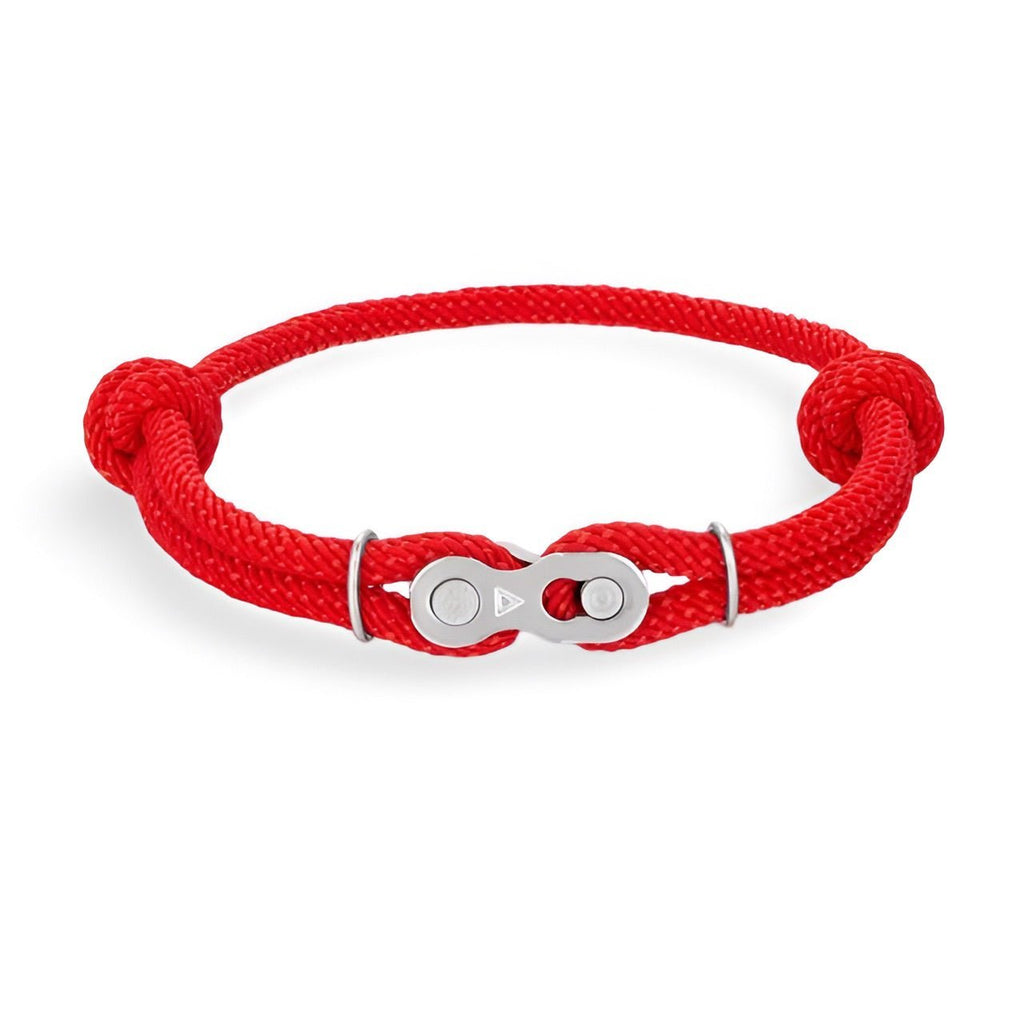 Bracelet homme double cordons rouge avec fermoir maillon chaîne de moto argenté.
