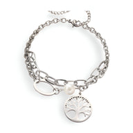 Bracelet double en acier inoxydable argenté avec pendentif arbre de vie et perle blanche.