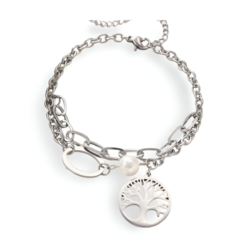Bracelet double en acier inoxydable argenté avec pendentif arbre de vie et perle blanche.