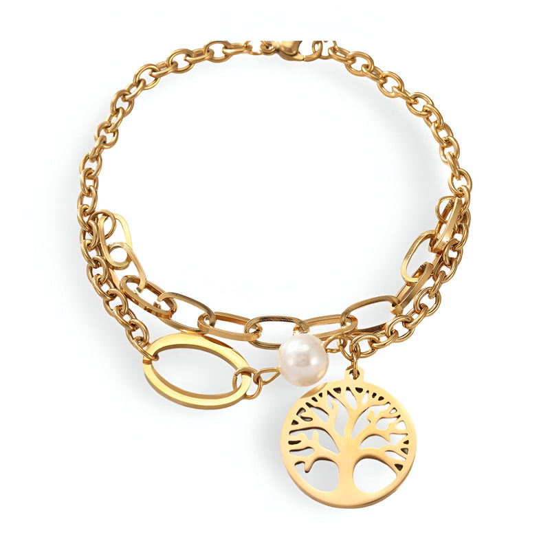 Bracelet double en acier inoxydable doré avec pendentif arbre de vie et perle blanche fine.