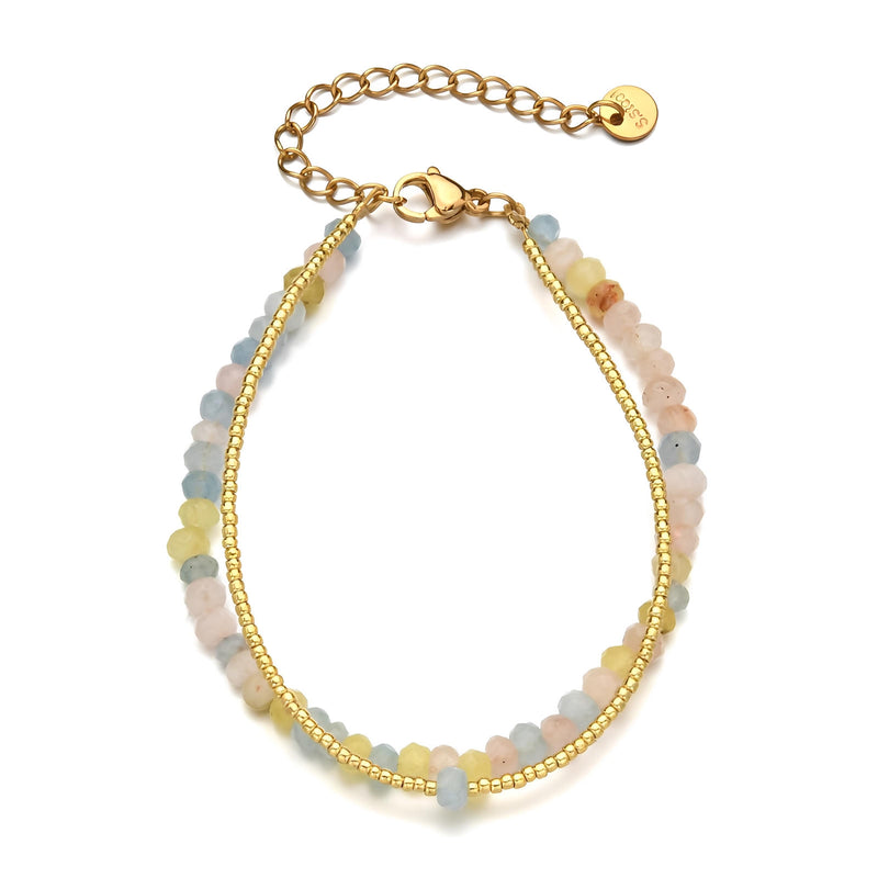 Bracelet double rang avec perles facettées multicolores en pierres naturelles et petites billes dorées, fermoir doré.