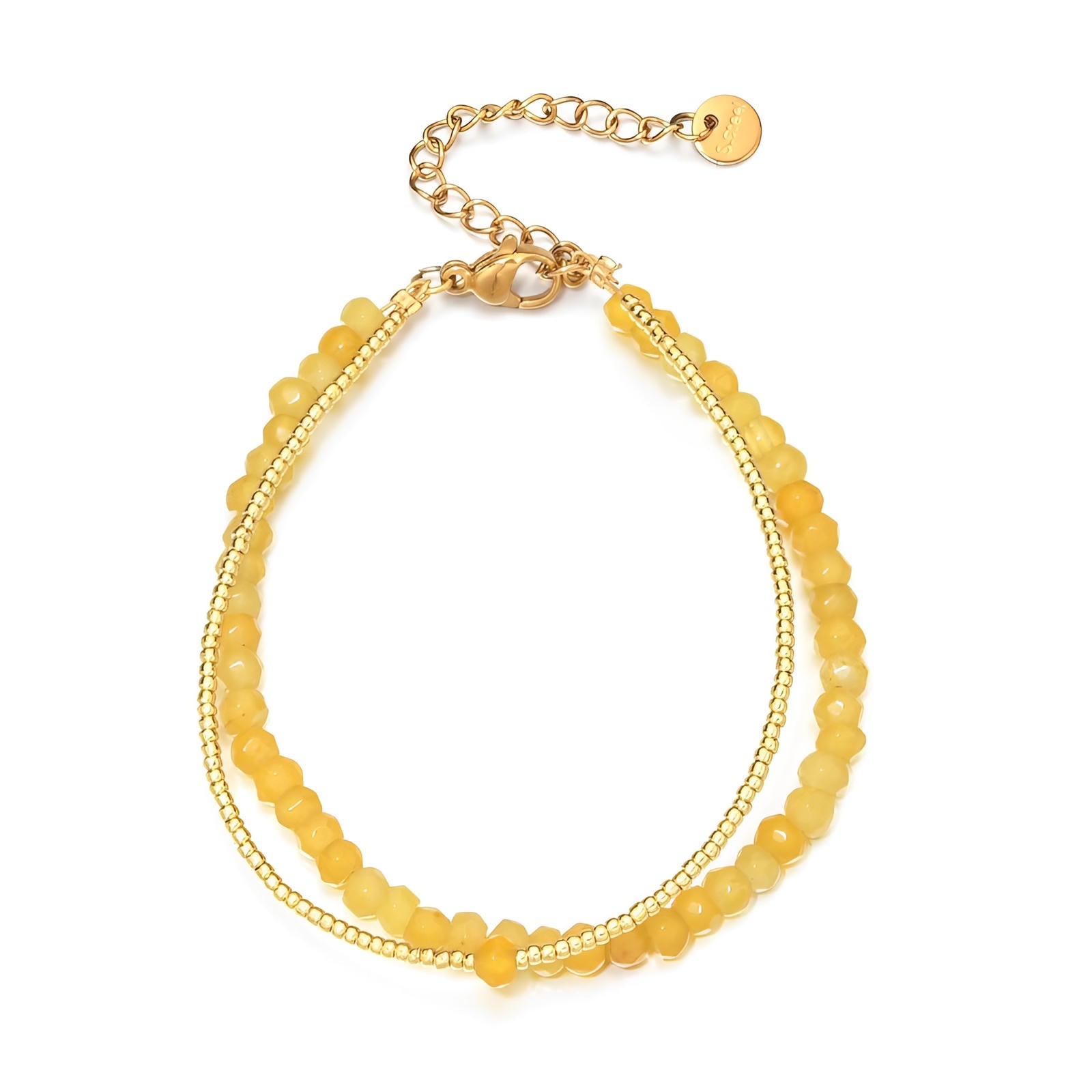 Bracelet double rang doré avec perles facettées jaunes et petites billes dorées raffinées.