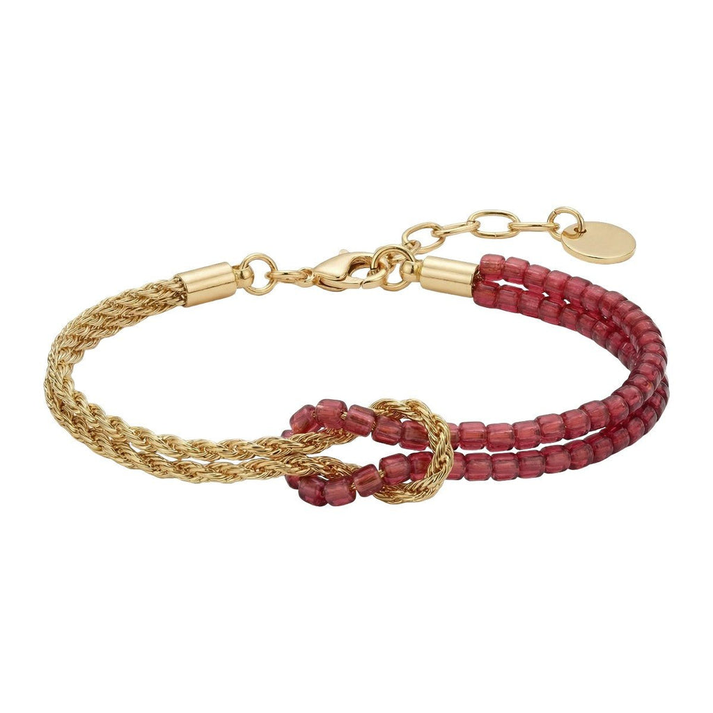 Bracelet double rang avec perles rouges du Japon et corde dorée torsadée, fermoir mousqueton, nœud lumineux.