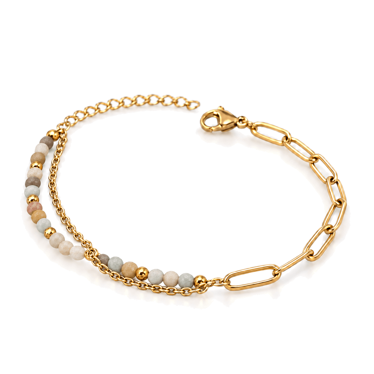 Packshot studio bracelet Kista Amazonite, vue frontale basse posée sur table, fond blanc pur — 9 octobre 2026