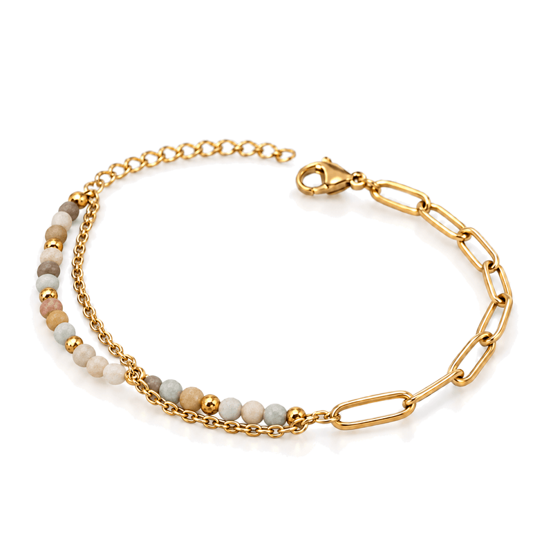 Packshot studio bracelet Kista Amazonite, vue frontale basse posée sur table, fond blanc pur — 9 octobre 2026