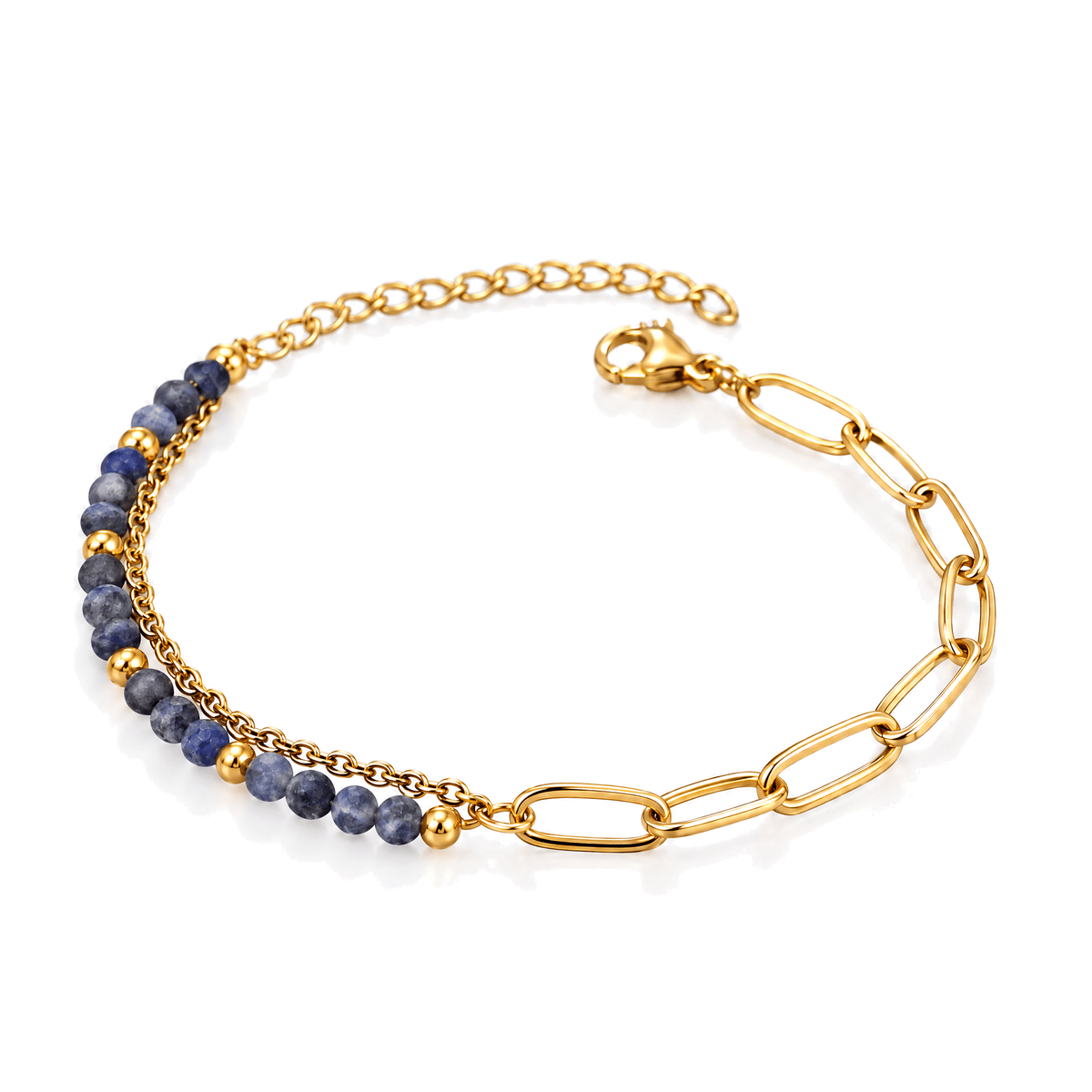 Packshot studio bracelet Kista Lapis lazuli, vue frontale basse posée sur table, fond blanc pur — 9 octobre 2026