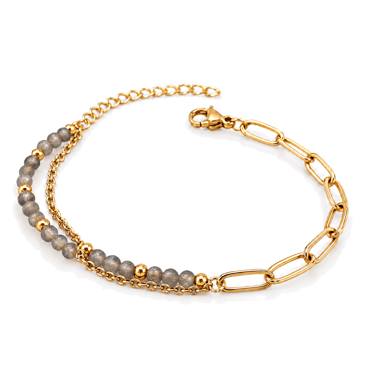 Packshot studio bracelet Kista Pierre de lune, vue frontale basse posée sur table, fond blanc pur — 9 octobre 2026