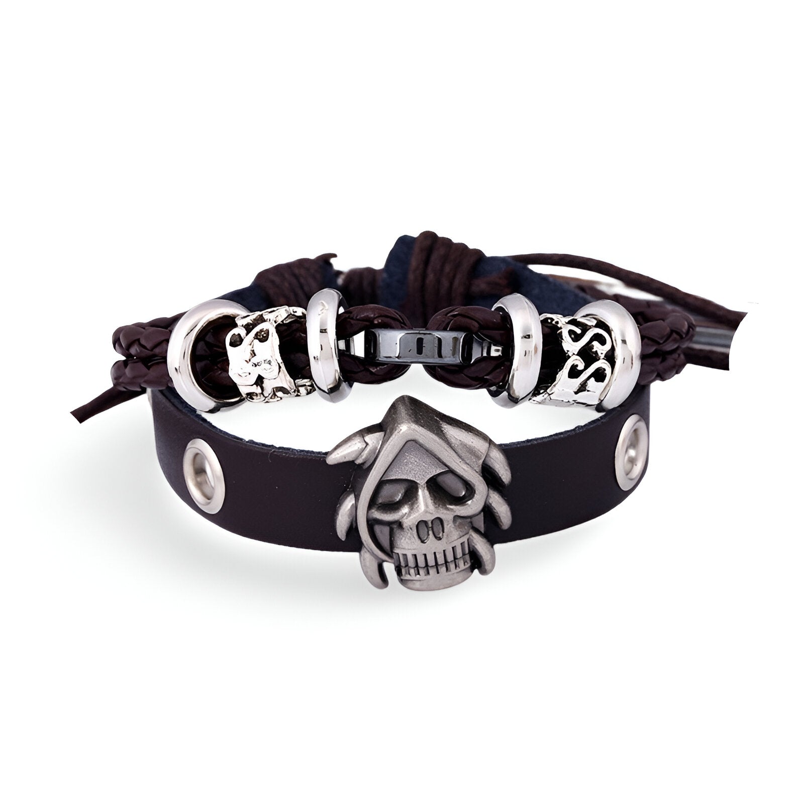 Bracelet double-rangs en cuir, tête de mort, mixte, modèle Genesis - La Boutique du Bracelet