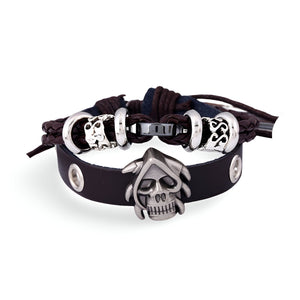 Bracelet double-rangs en cuir, tête de mort, mixte, modèle Genesis - La Boutique du Bracelet