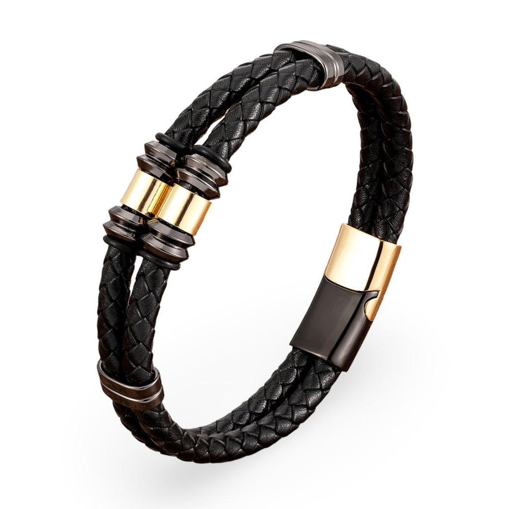 Bracelet homme double-rangs en microfibre tressée noire avec détails métalliques dorés et fermoir magnétique noir et or.