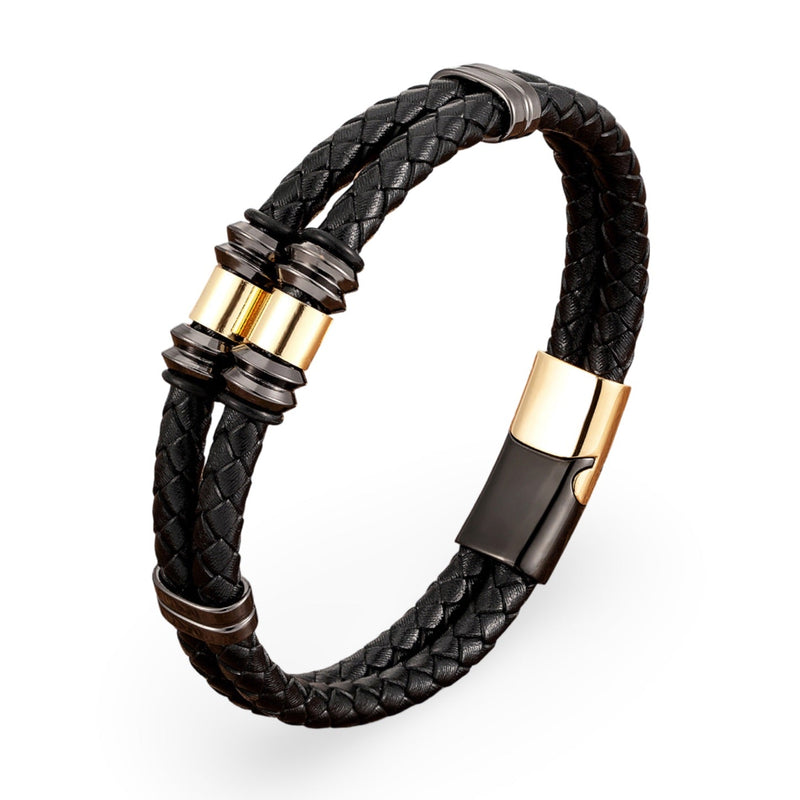 Bracelet homme double-rangs en microfibre tressée noire avec détails métalliques dorés et fermoir magnétique noir et or.