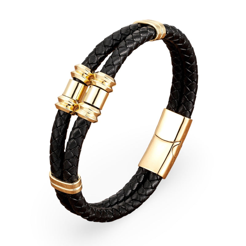 Bracelet double-rangs en microfibre noire tressée avec détails métalliques dorés et fermoir magnétique doré.