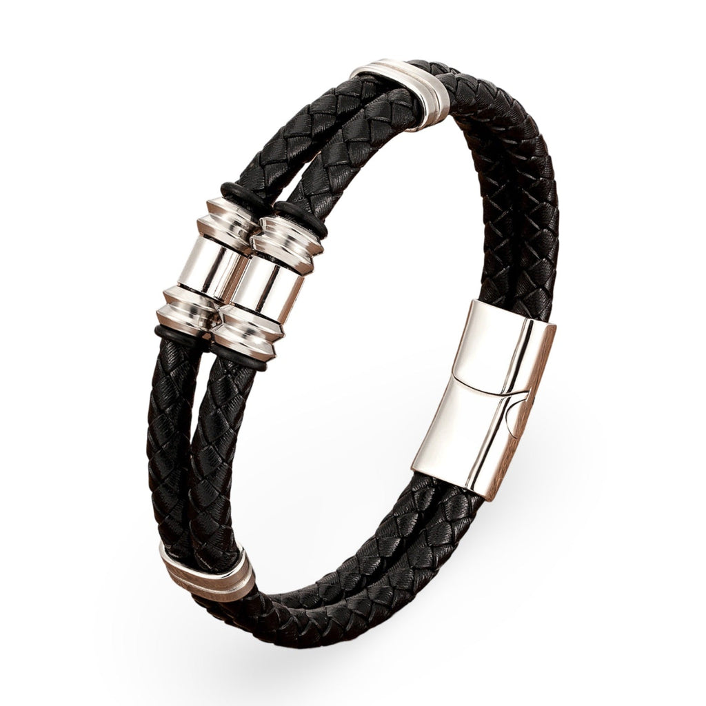 Bracelet double-rangs en microfibre noire tressée avec détails métalliques argentés et fermoir magnétique neuf.