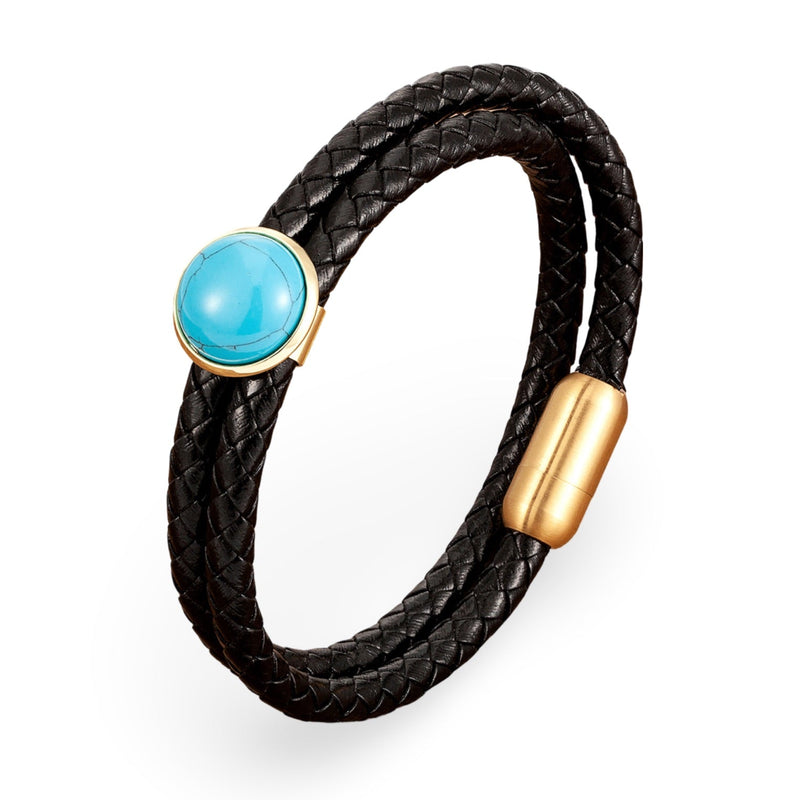 Bracelet double-rangs en microfibre noire tressée avec pierre turquoise ronde sertie et fermoir doré aimanté.