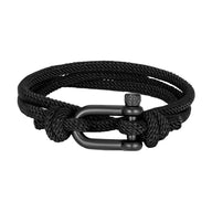 Bracelet double tour homme en nylon noir avec fermoir à manille en acier inoxydable noir mat.
