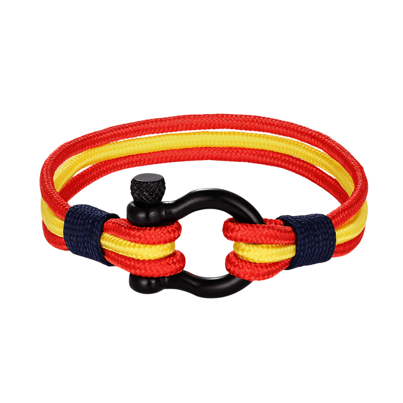 Bracelet tricolore rouge et jaune en nylon avec boucle manille métallique noire, style Javier.