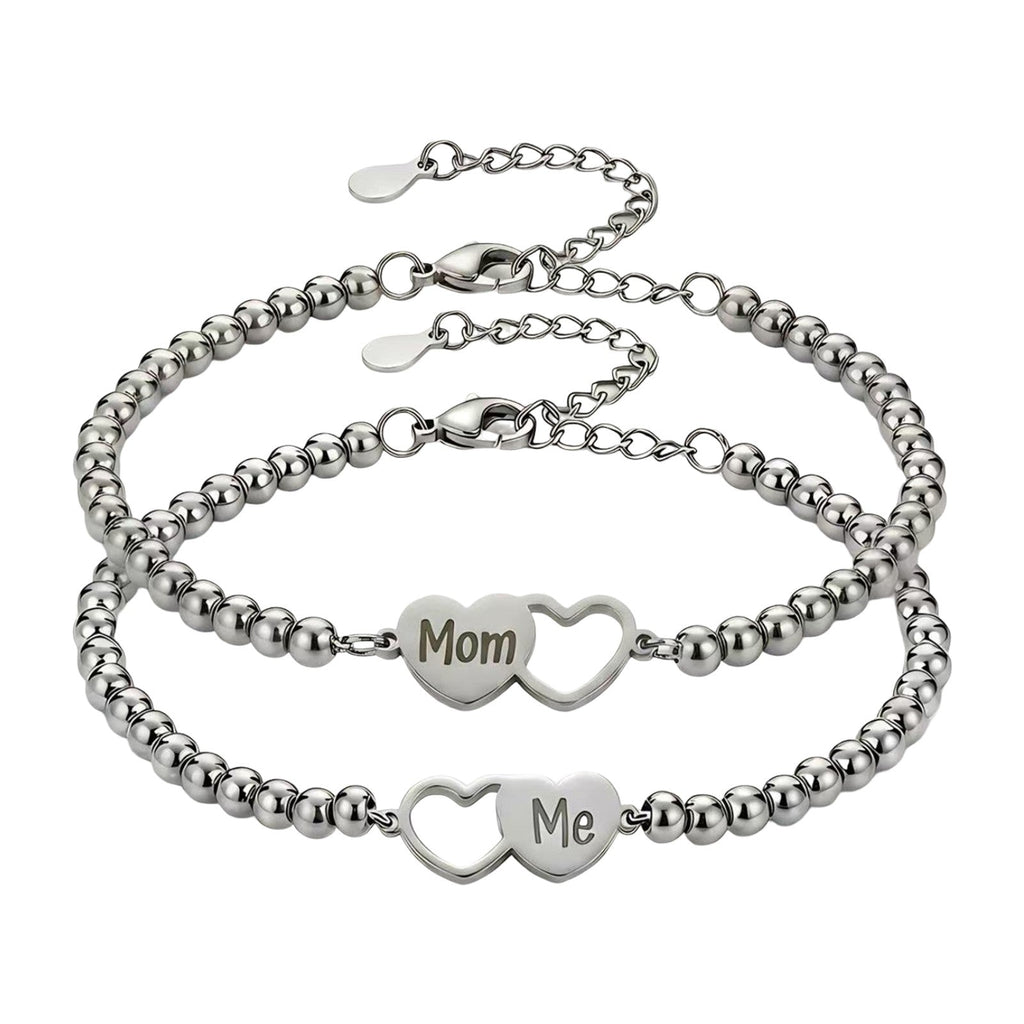 Bracelet duo mère enfant en acier inoxydable, perles argentées, cœurs gravés Mom et Me, cadeau fête des mères ajustable, modèle Youmi