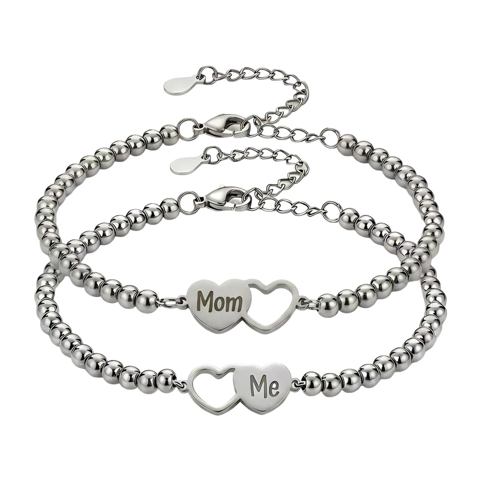 Bracelet duo mère enfant en acier inoxydable, perles argentées, cœurs gravés Mom et Me, cadeau fête des mères ajustable, modèle Youmi