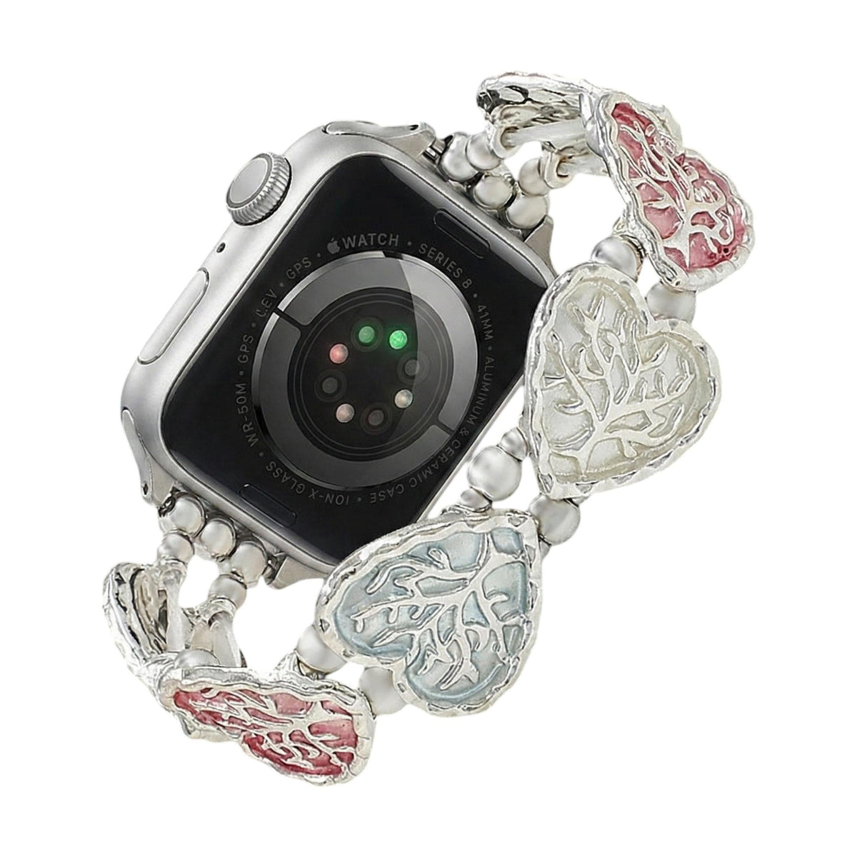 Bracelet Apple Watch elastique, maillons coeur emailles motif arbre de vie, modele Cabra