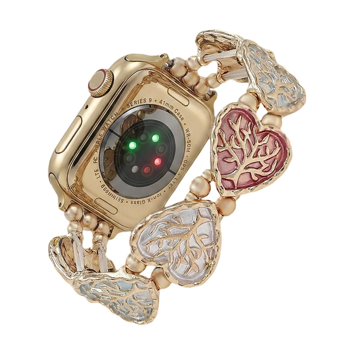 Bracelet Apple Watch elastique, maillons coeur emailles motif arbre de vie, modele Cabra