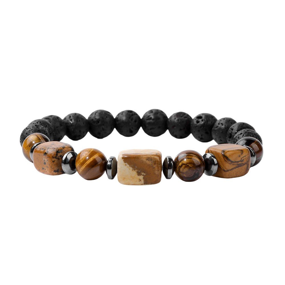 Bracelet élastique masculin en perles noires de pierre volcanique et pierres naturelles marron avec détails argentés.