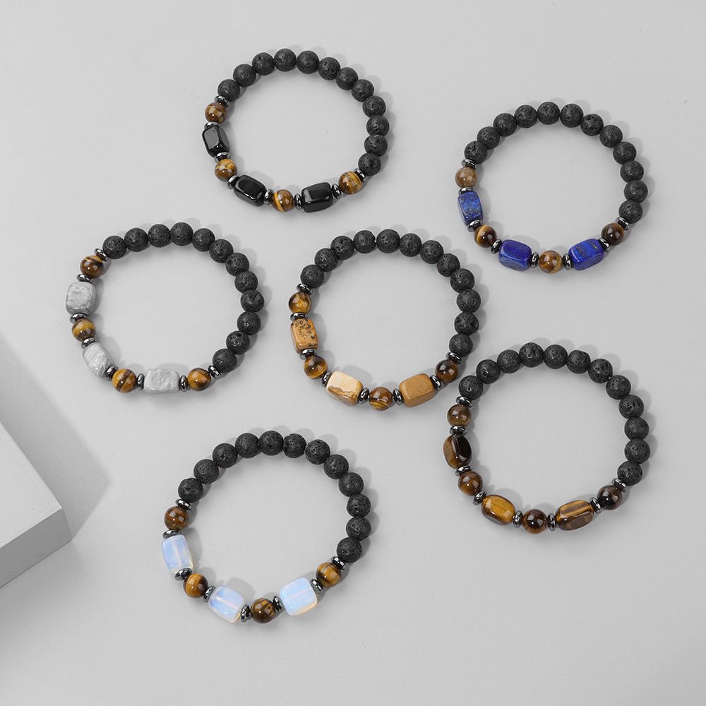 Lot de six bracelets élastiques en pierres volcaniques noires avec gemmes naturelles variées en bleu, blanc et brun, design.