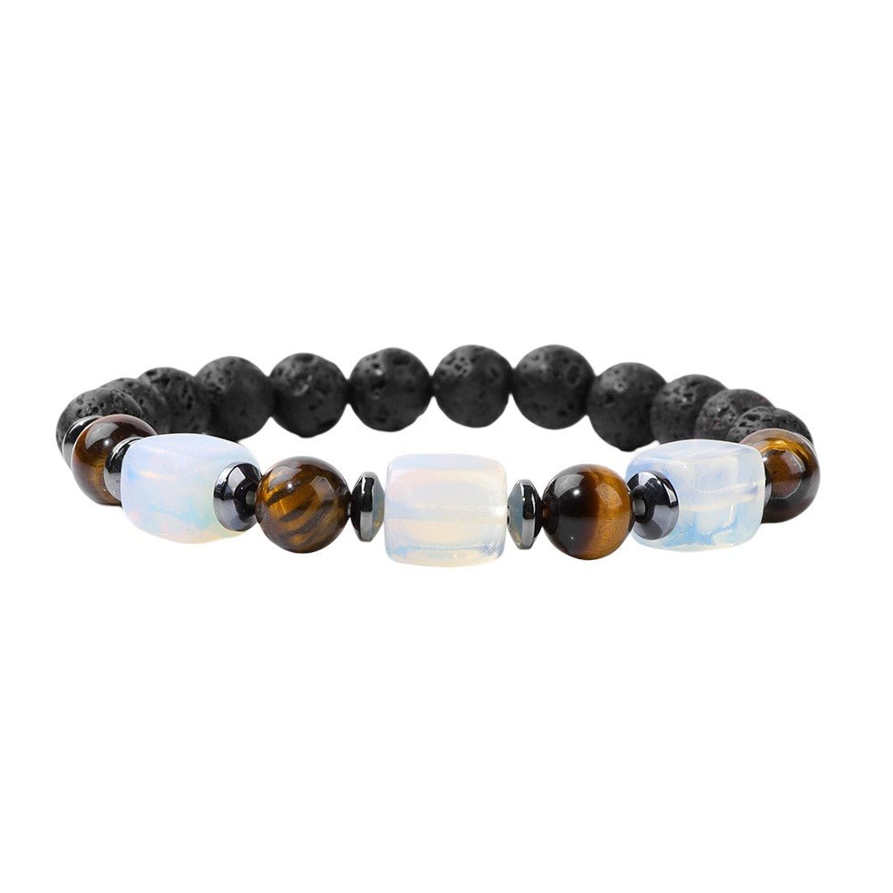 Bracelet élastique avec perles noires en pierre volcanique, gemmes opalescent blanc et œil de tigre marron, design masculin.