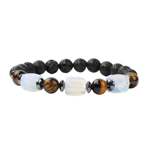 Bracelet élastique avec perles noires en pierre volcanique, gemmes opalescent blanc et œil de tigre marron, design masculin.