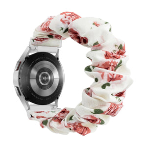 Bracelet élastique tissu blanc à fleurs roses avec fixation ronde pour montre connectée 20-22mm.