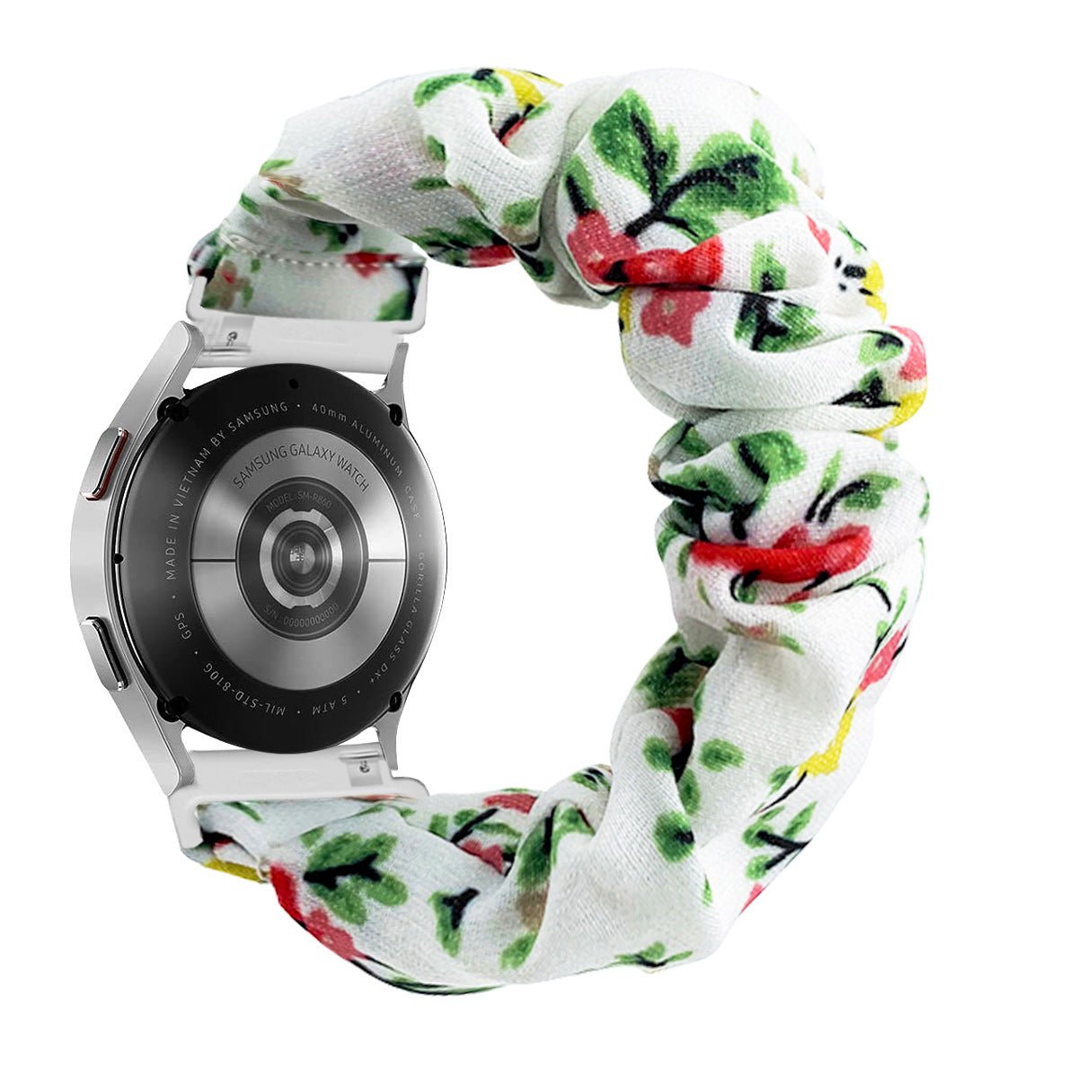 Bracelet élastique en tissu blanc avec motifs floraux rouges et verts pour montre connectée, style chouchou, compatible.