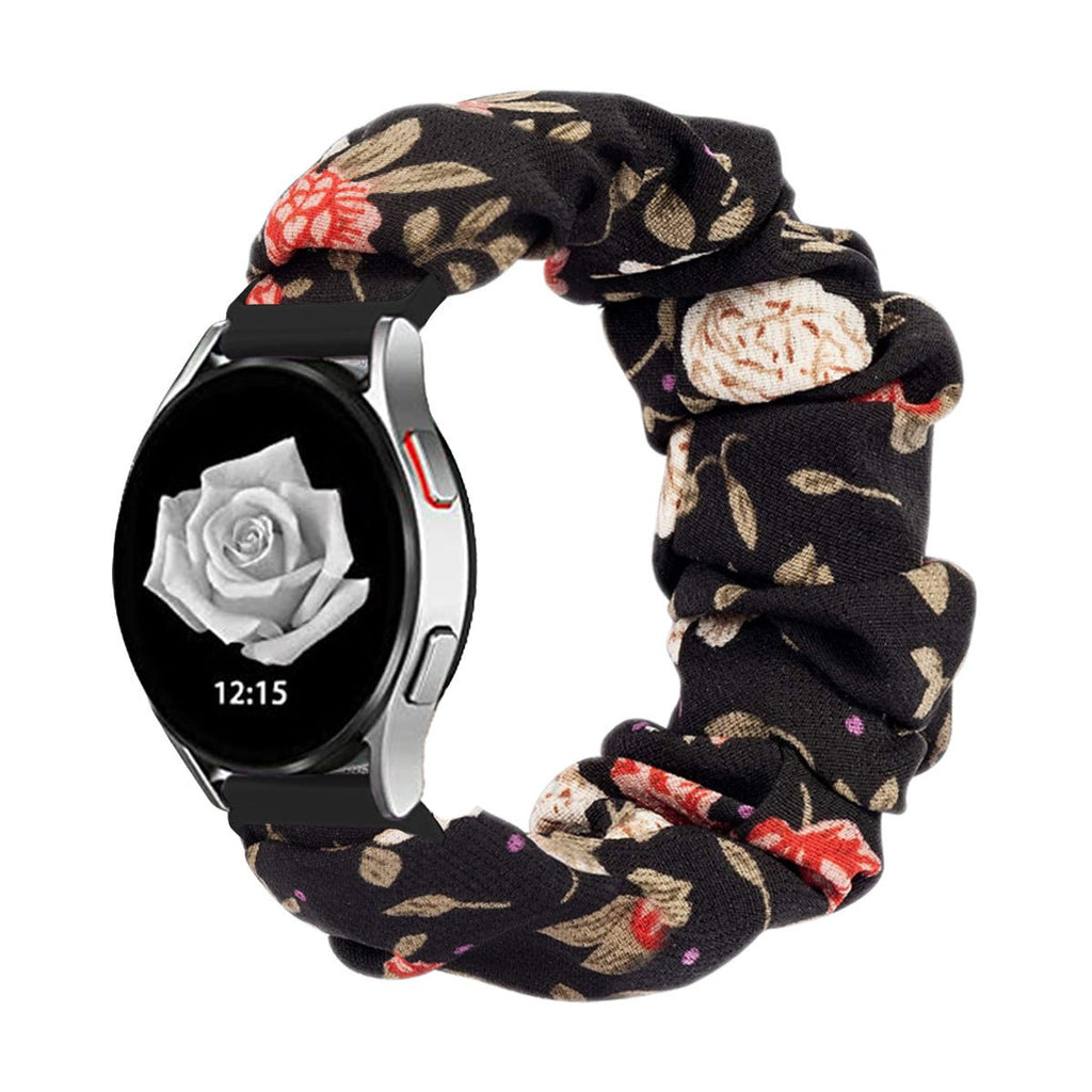 Bracelet élastique en tissu noir à motif floral beige et rouge pour montre connectée 20-22mm, style chouchou confortable.