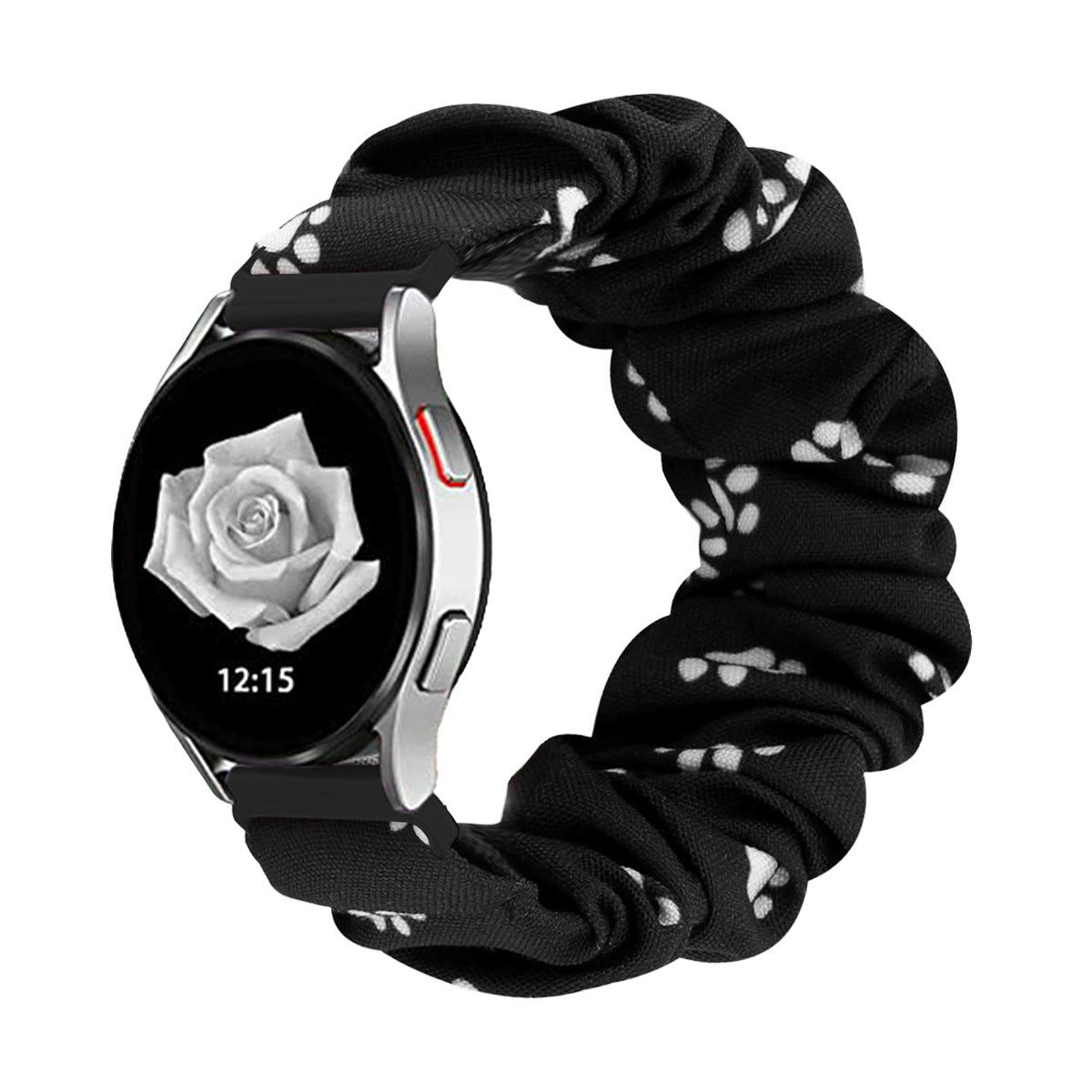Bracelet élastique en tissu noir à motifs floraux blancs, style chouchou, compatible montres 20-22mm.