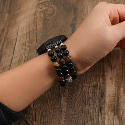 Smartwatch Bracelet in Natural Stones, Tiger’s Eye and Onyx, Multi-Strand Elastic, Ferran Model