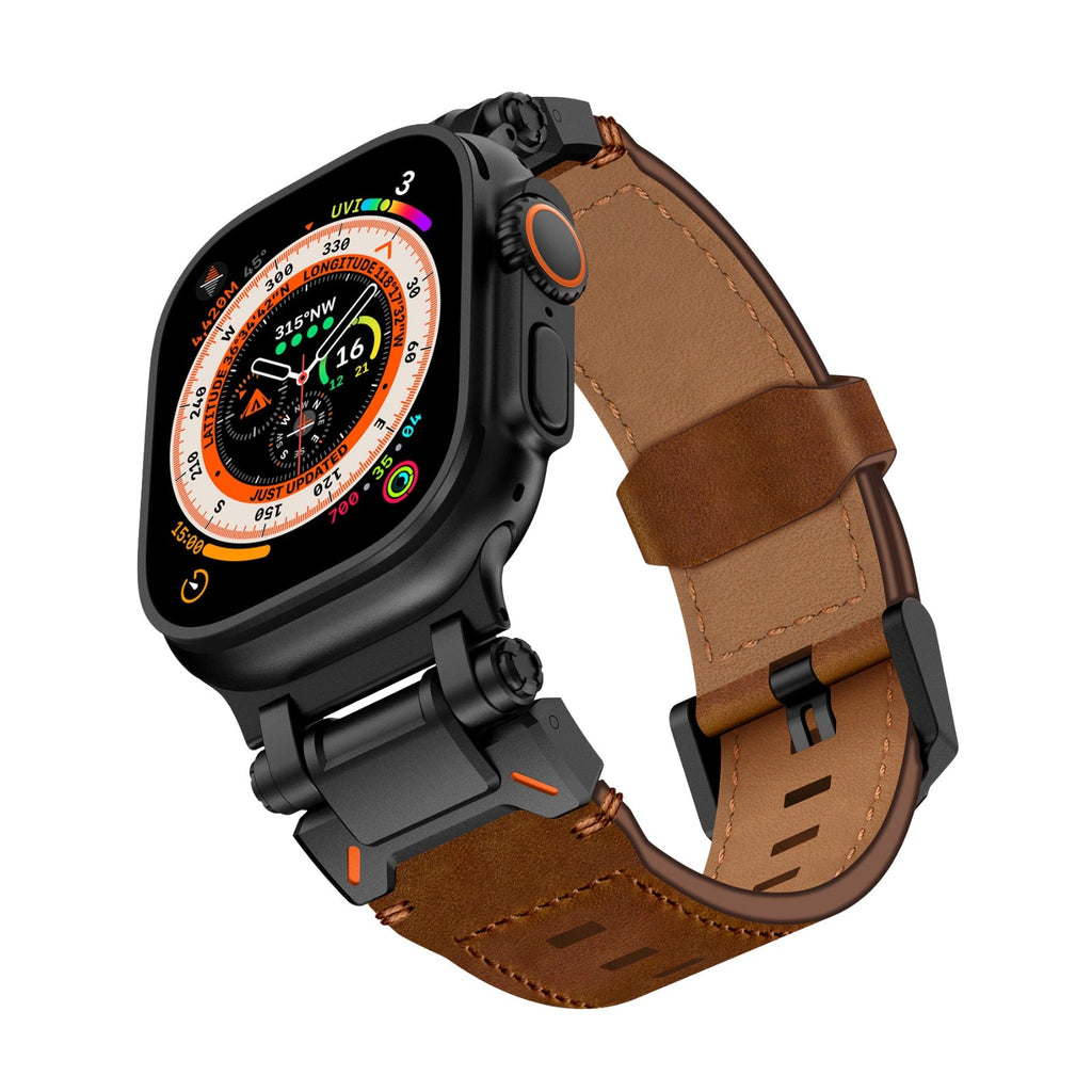 Bracelet en cuir marron avec boucle noire, pour Apple Watch Ultra, style élégant et technique.