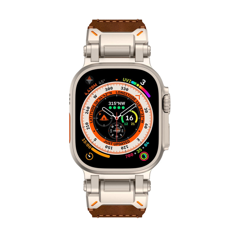 Bracelet en cuir marron avec attaches en acier argenté pour Apple Watch Ultra, style technique et élégant.