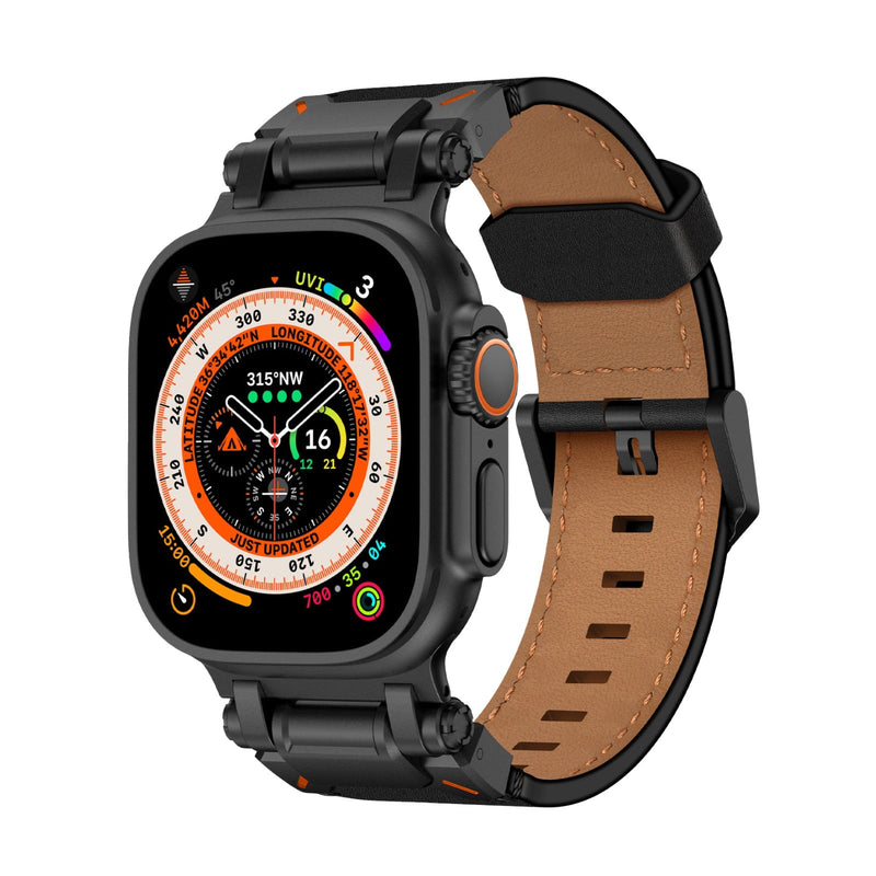 Bracelet ajustable en cuir marron avec boucles noires pour Apple Watch Ultra.