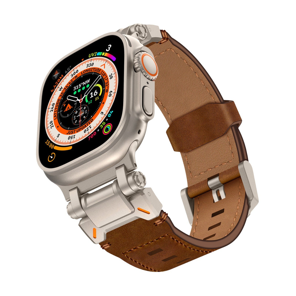 Bracelet en cuir marron avec boucle en acier argenté pour Apple Watch Ultra, style élégant et technique.