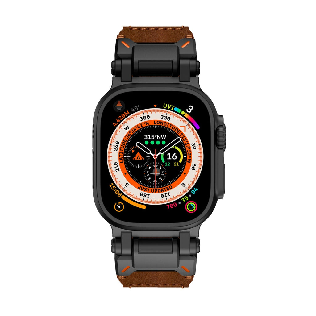 Bracelet pour Apple Watch Ultra en cuir marron et acier noir avec coutures orange, design robuste et ajustable.