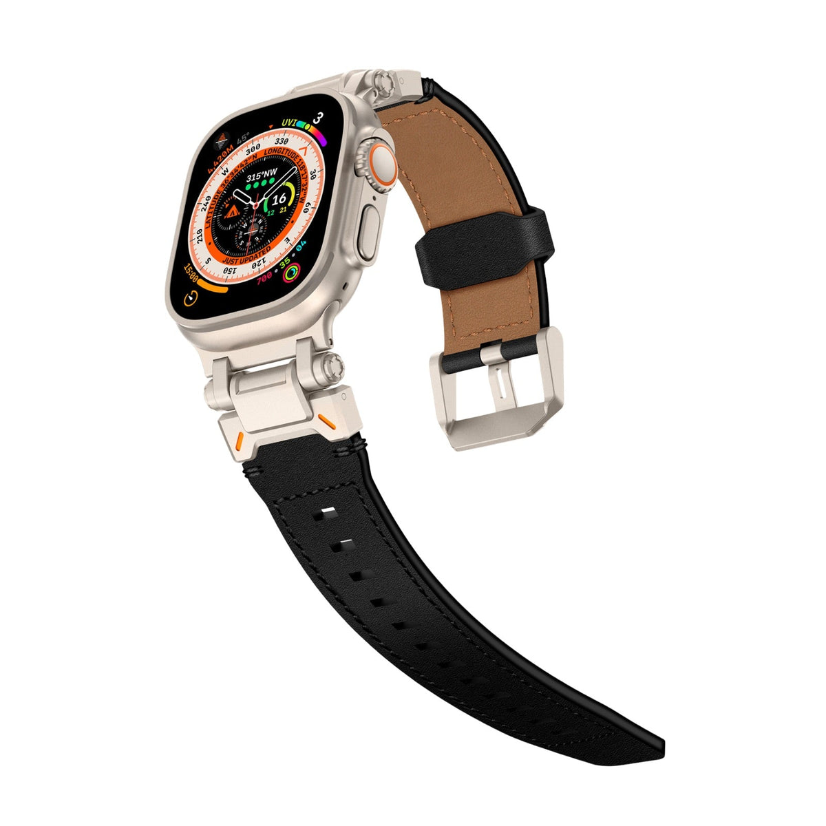 Bracelet noir en cuir et acier inoxydable argenté, ajustable, pour Apple Watch Ultra 43-49 mm.