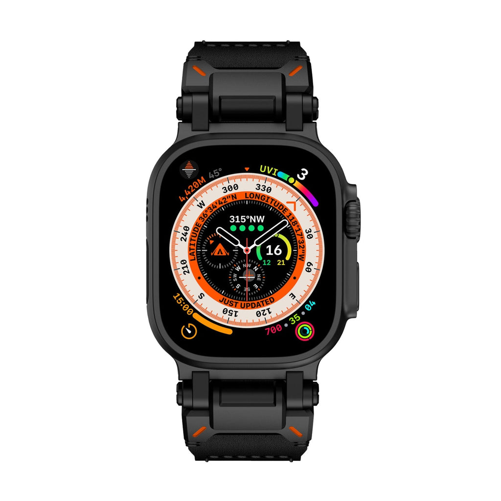 Bracelet noir en acier et cuir avec coutures orange pour Apple Watch Ultra, ajustable.