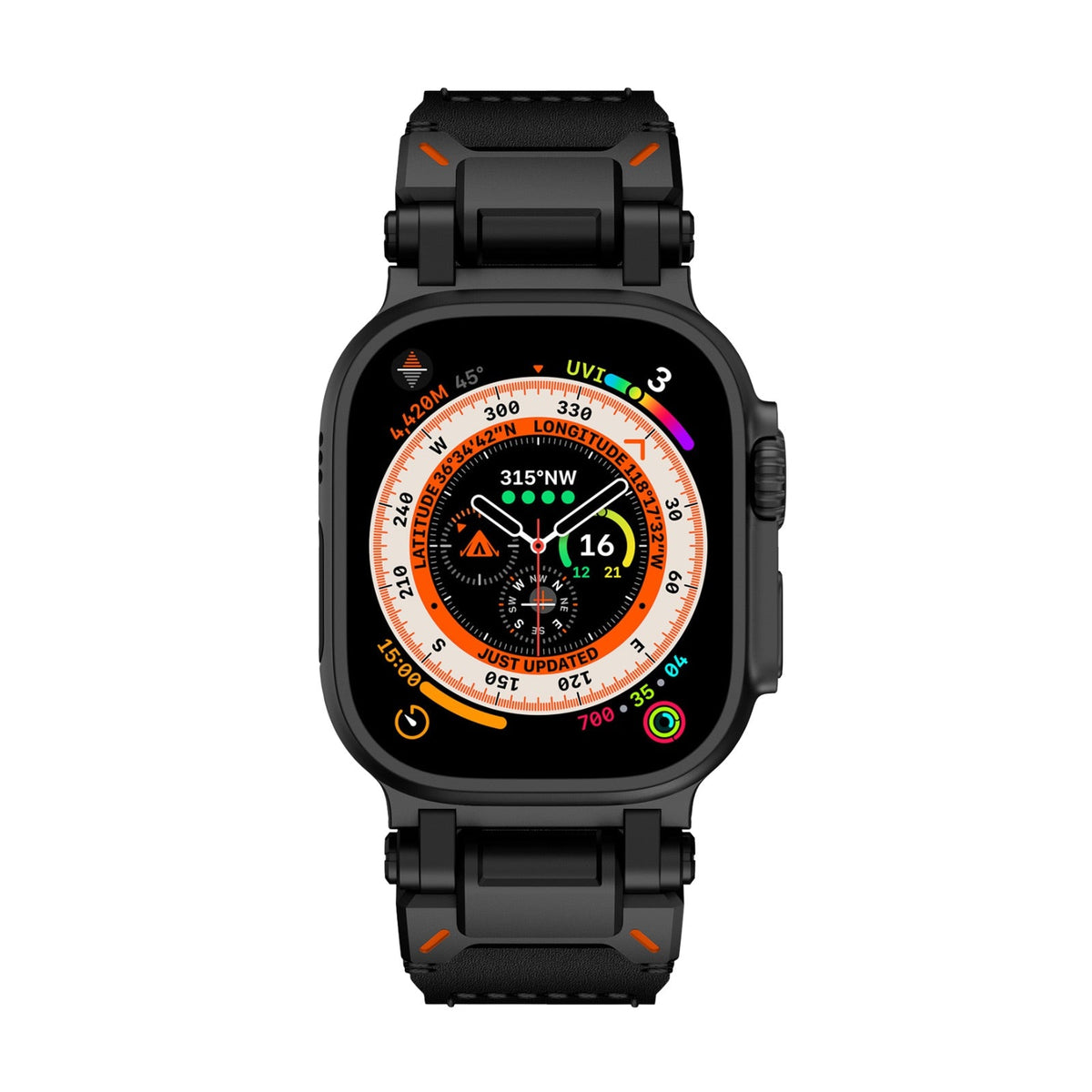 Bracelet noir en acier et cuir avec coutures orange pour Apple Watch Ultra, ajustable.