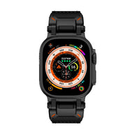 Bracelet noir en acier et cuir avec coutures orange pour Apple Watch Ultra, ajustable.