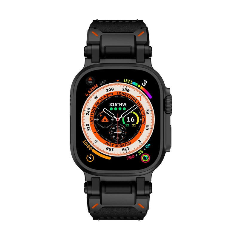 Bracelet noir en acier et cuir avec coutures orange pour Apple Watch Ultra, ajustable.