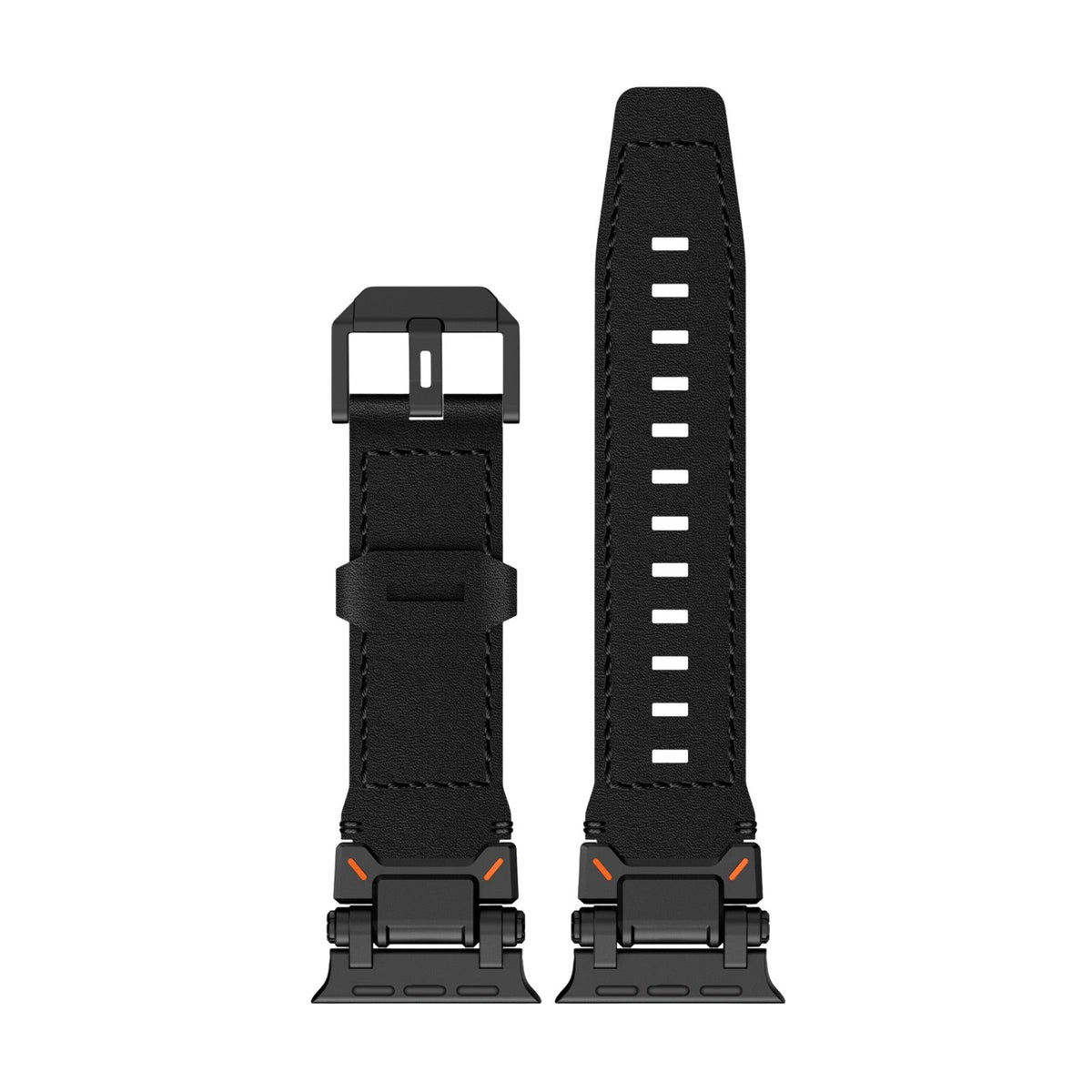 Bracelet pour Apple Watch Ultra en cuir noir avec boucle en acier noire, ajustable, design technique.