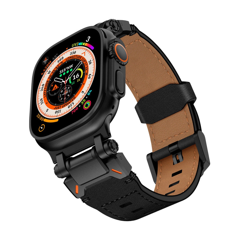 Bracelet en cuir marron et noir avec boucle en acier noir pour Apple Watch Ultra, ajustable.